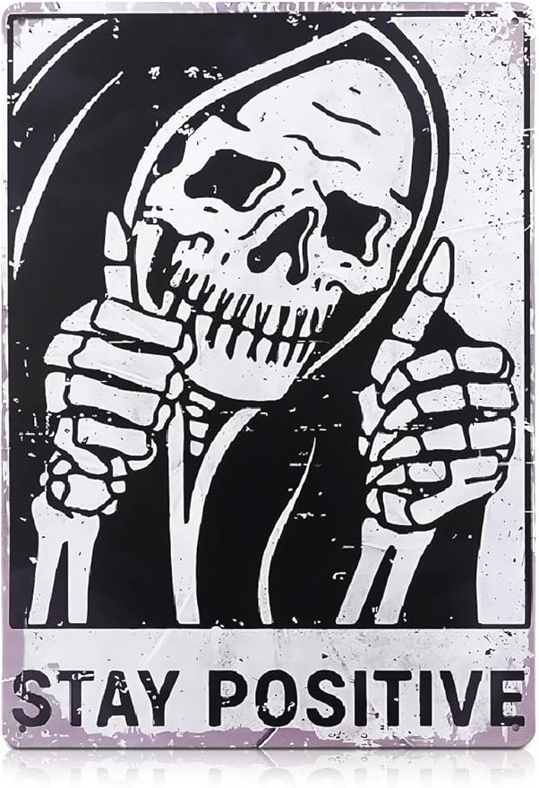 Halloween Skull Decor for Home – Stay Positive Tin Signs Vintage Style 8×12 Inch – Easy to Hang Halloween Wall Decor, Funny Metal Signs for Bedroom, Living Room, Garage, Office – Indoor/Outdoor Use