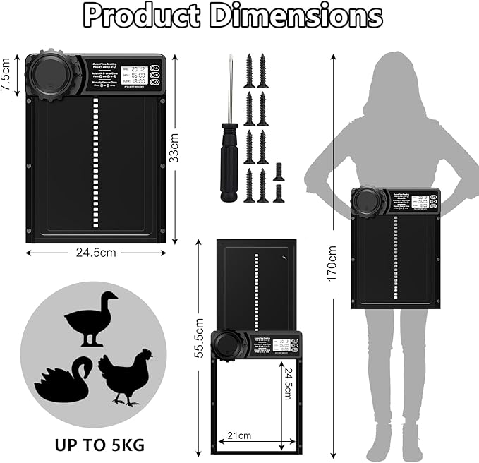 Automatic Chicken Coop Door, Battery Powered Chicken Door with Display Screen, Timer Function, Anti-Pinch Safety Design, Aluminum Alloy Auto Coop Door for Chickens