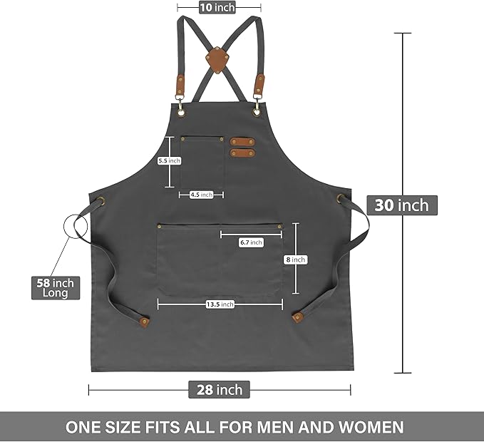 RUVANTI Work Apron for Men, Oil & Water Repellent, Poly Cotton Cross Back Aprons for Women with Pockets, Adjustable up to XXL