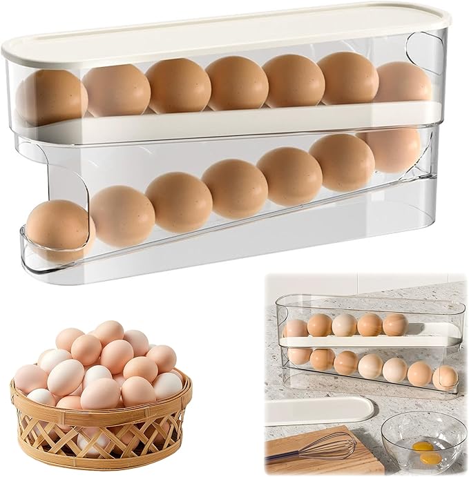 Egg Holder for Fridge, 2025 New Egg Organizer for Refrigerator Automatic Scrolling Eggs Rack Holder Rolling Dispenser, Stackable Fridge Container and Storage with Lid (1 Pcs)