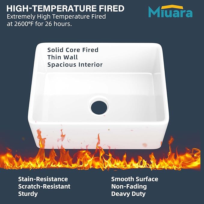 Miuara Farmhouse Sink 24 Inch - Small Apron Front Undermount Kitchen Sink Reversible 24"x18"x10", Farm House Style Single Bowl, Heavy Duty Solid Fireclay, Glossy White, for Kitchen & Laundry
