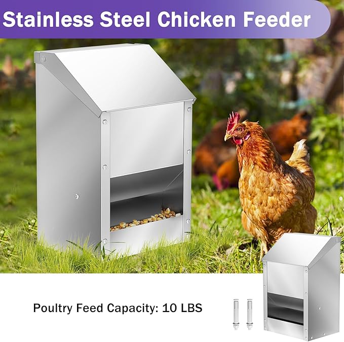 Stainless Steel Chicken Feeders 12 Lbs No Waste Poultry Feeder with Lid Weatherproof Metal Hanging Chicken Feeder, Coop Food Dispenser No Waste for Chicken & Duck