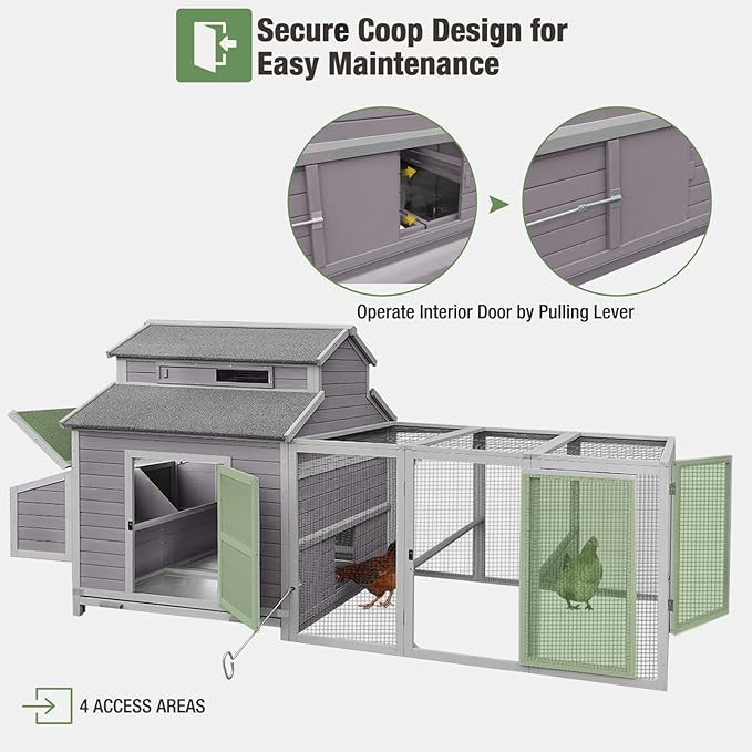 115’’ Large Chicken Coop with Run, Wooden Hen House with Nesting Boxes, Outdoor Poultry Cage with Waterproof Asphalt Roof for 8-10 Chickens, Chicken Tractor with Leakproof Pull-on Tray