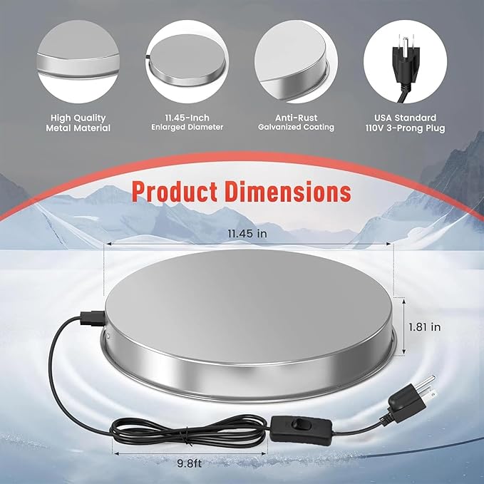Chicken Water Heater for Winter, Poultry Water Heater Base with Thermostat, 14 Inch for Plastic/Metal Poultry Waterer, 60W Thermostat Chicken Coop Water Heater with 9.8ft Power Cord