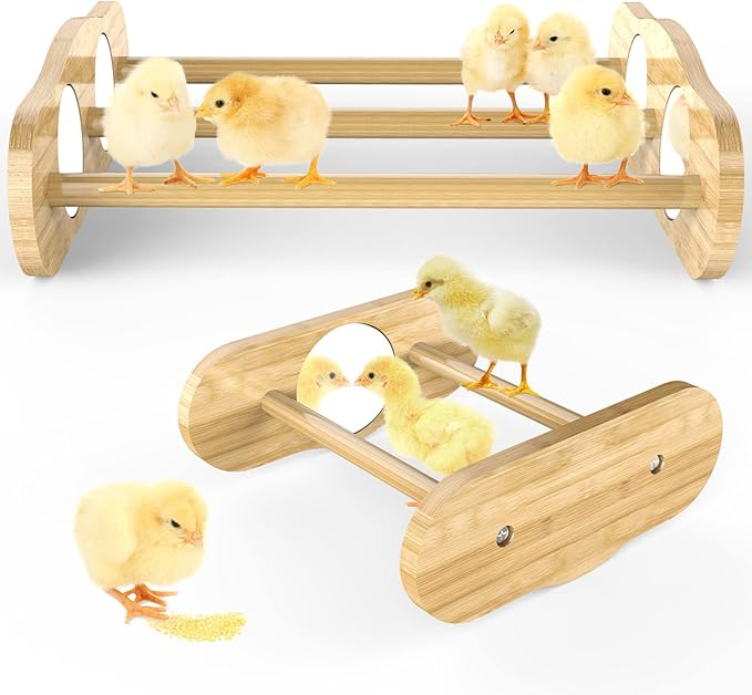 Bamboo Chick Perch with Mirror and Mini Roosting Bar Set for coop and brooder(2 Pack), Training Perch for Large Bird, Hens, Parrots, Macaw, Easy to Assemble and Clean,Fun Toys for Chicken