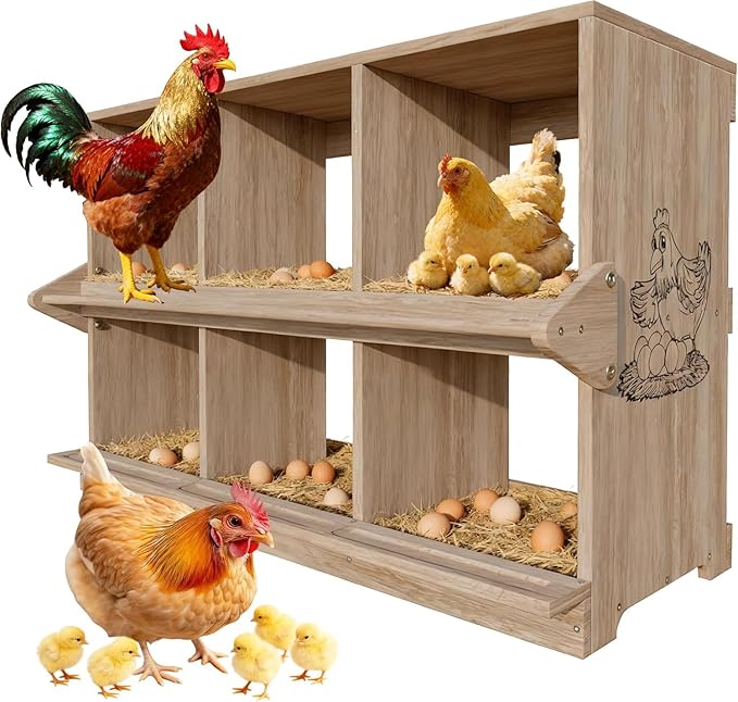 Nesting Box, 6 Compartments Wood Nest Box for Chicken with Swing Perch, Chicken Egg Laying Boxes for Hens, Ducks, Chickens