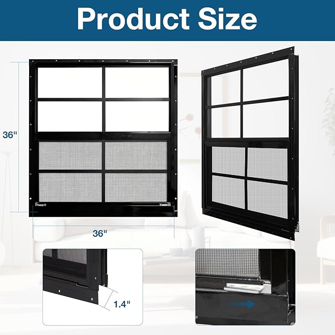 Yuzzy Shed Windows 2 Pack, Chicken Coop Windows 36" x 36" with Tempered Glass and Fiberglass Screen, Flush Mounted Small Window for Shed, Barns, Playhouse, Household, Garage (Black)