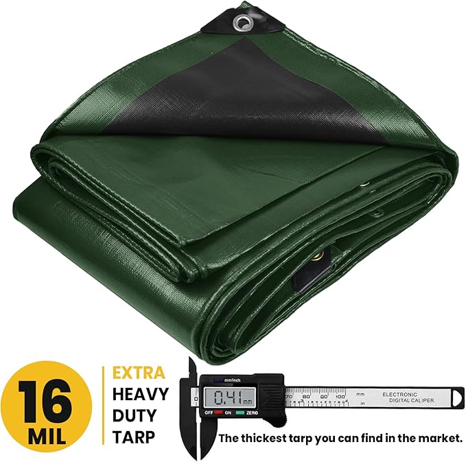 PROTARP Extra Heavy Duty 16 Mil Tarp Cover, Waterproof, UV Resistant, Rip and Tear Proof, Poly Tarpaulin with Reinforced Edges for Roof, Camping, Patio, Pool, Boat. (Green/Black 10′ X 20′)