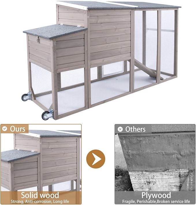 PetsCosset 75" Chicken Coop Backyard with Wheels Nesting Box Waterproof Removable Tray and Ramp Large Hen House for 1-4 Chickens