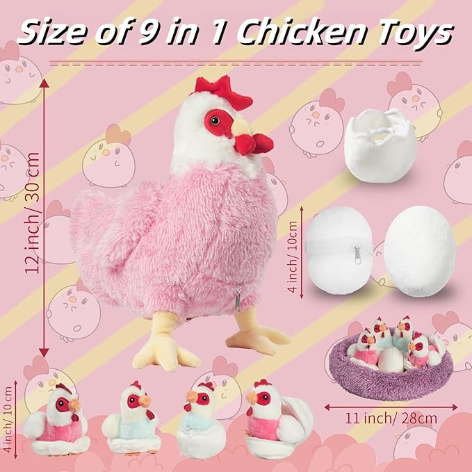 9 in 1 Chicken Stuffed Animal Set, Stuffed Chicken Plush Toy Zippered Egg Laying Hen with Baby Chicks Plush Chickens, Eggs and Coop Chicken Toys for Kids Girls Boys Birthday Easter Stuffers Gifts