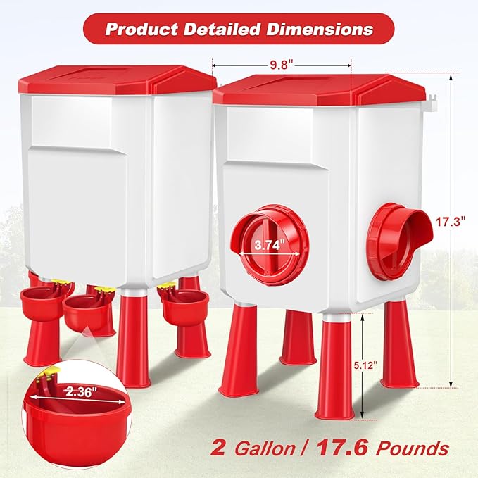 Chicken Feeder and Waterer Set with 2 Gallon/17.6 Pounds, Automatic Chick Feeder and Waterer Set No Waste， Poultry Feeder Large for Hens/Ducks/Poultry