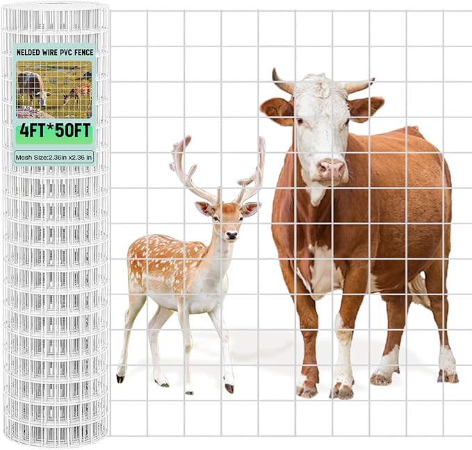 Gisafai Galvanized Welded Wire Fence 4 ft X 50 ft for Dog Chicken Hog Deer Goat Cattle 16GA Garden Border PVC Coated Fencing Roll Border Yard Vegetable Plant Animals Protection Poultry Netting(White)