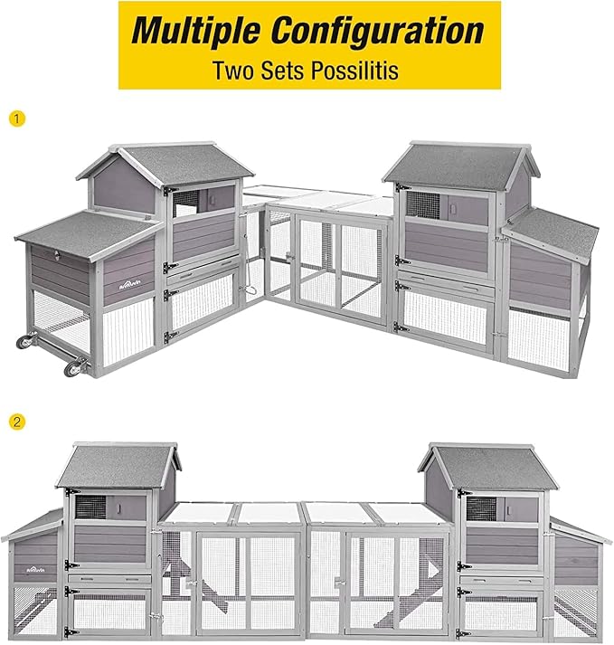 Aivituvin Chicken Coop for 2-3 Chickens with Wheels and 2 Nesting Box, Mobile Hen Duck House Expandable, Outdoor Wooden Poultry Cage, 77" L x 33.3" W x 46.5" H (Grey)