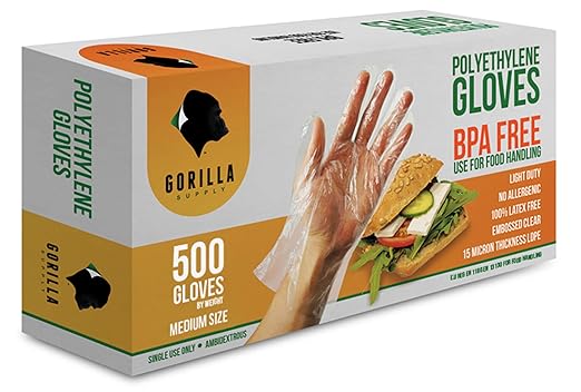 GORILLA SUPPLY 500 BPA Free Premium Disposable Gloves Poly PE LDPE Plastic for Kitchen Food Handling Food Prep Latex & Powder Free (500 Count, Medium)