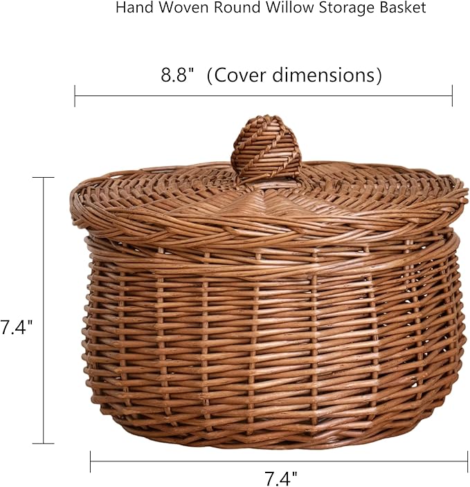 Handwoven Wicker Egg Basket with Lid, Round Farmhouse Rustic Collecting for Kitchen, Chicken Coop & Fruit