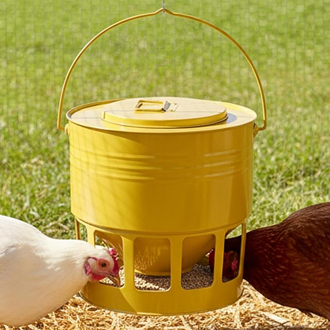 KOL Hanging Chicken Feeder – 20lbs Metal Chicken Feeder No Waste, Adjustable Poultry Feeder with 12 Ports, No Installation & Universal Height Design (Yellow)