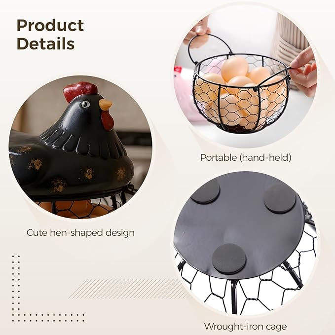 Small Black Iron Egg Basket, Farmhouse Style Countertop Holder with Ceramic Lid, Chicken Egg Storage for Kitchen, Rustic Home Decor, Keeps Up To 15 Eggs Fresh