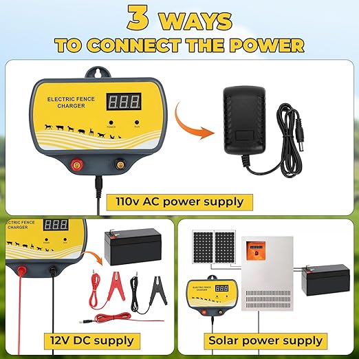 Electric Fence Charger 12V Input to 12KV Output, 2 Joule, 120 Acre Plug-in Electric Fence Energizer for Wildlife Control & Animal Intrusion Prevention
