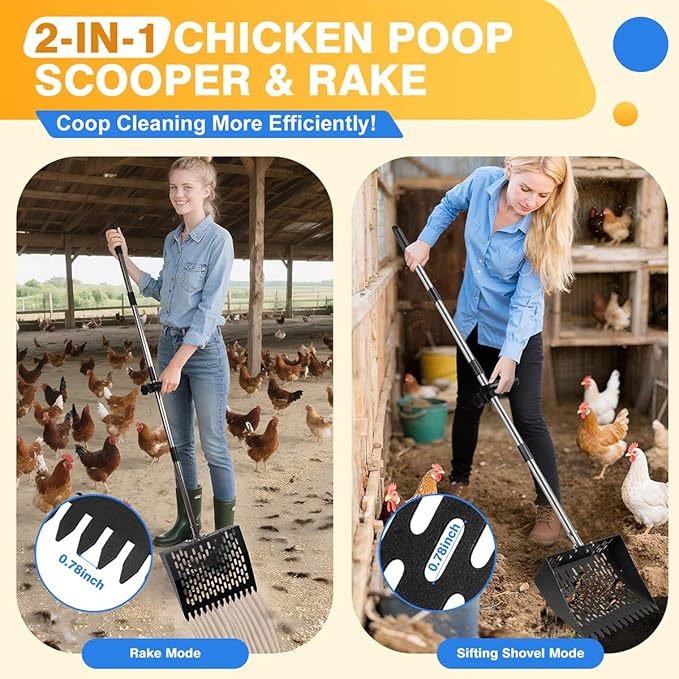 Chicken Poop Scooper for Sand 2-in-1 with Ergonomic Grip, 22 to 64" Adjustable Handle for Chicken Coop Scoop, Large 10 Inch Litter Sifting Shovel with Rake, Cleaning Tools for Coops & Animal Farm