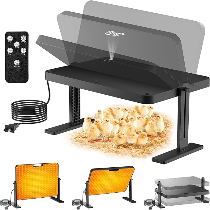 Chicken Brooder, 200W Anti-Scald Brooder Plate with Adjustable Temp(86~194℉) & 12H Timer & Height & Angle & Remote Control for Coops Poultry, 16x12in Large Brooder Heater for 30 Chicks