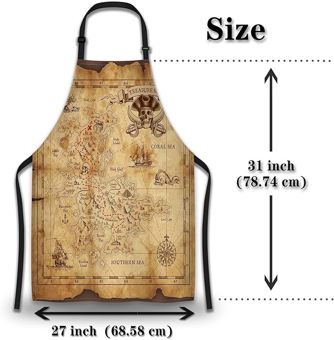 Baking Apron for Women Pirate Treasure Map Fun Aprons for Men for Kitchen Cooking Restaurant BBQ Painting Crafting 27” (W) x 31” (H), Waterproof Aprons