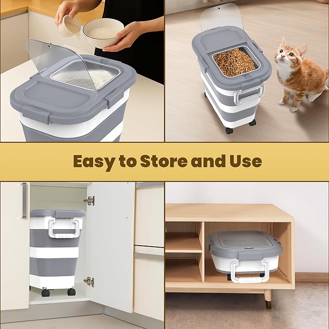 HOYTAMDA 25-35Lbs Rice Container,Collapsible Airtight Food Storage Containers with Wheels,Handle,Rice Storage Container with Small Bin and Scoop,Rice Dispenser for Flour Sugar Cereal Grain Dog Cat