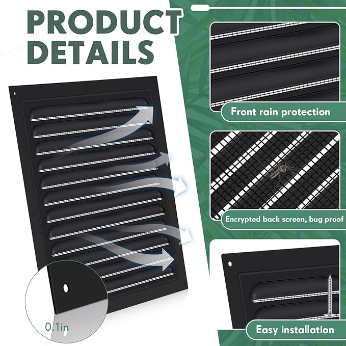 1 Pcs Aluminum Attic Vents 12" x 12" Metal Gable Wall Mesh Shed Vent with Screen Square Louver Grille for Exterior Door House Attic Garage Ceiling