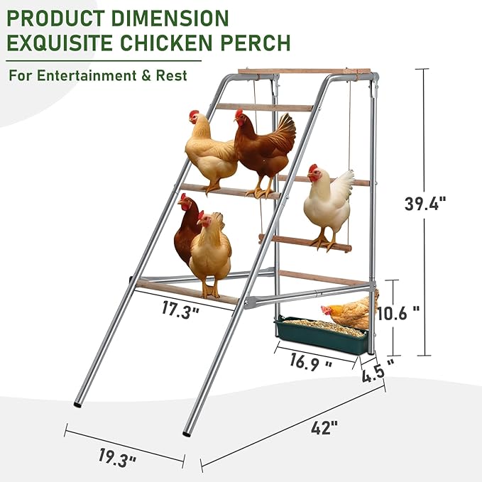 VINGLI Free-Standing Chicken Perch, Sturdy Perches Roosting Bar with Removable Food Box & Swing, for Backyard Chicken Coops and Farms, 42'' L x 19'' W x 39'' H
