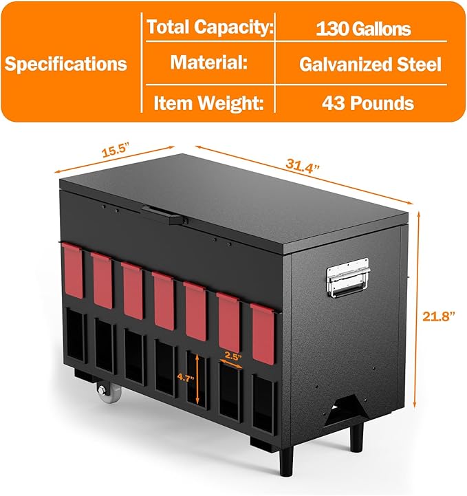 Automatic Chicken Feeder, 130lbs Capacity, 14 Ports Portable Poultry Feeder, Waterproof Metal Chicken Feeder, Suitable for Geese, Ducks, Turkeys, Quails