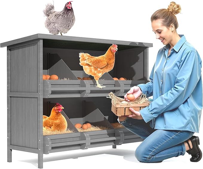 2-Tier Nesting Boxes for Chickens, 6-Compartment, Wooden Chicken Nesting Box for Laying Eggs, Chicken Laying Boxes with Perch, Solid Wood Egg Laying Box for Hens, Ducks, 1 Pack