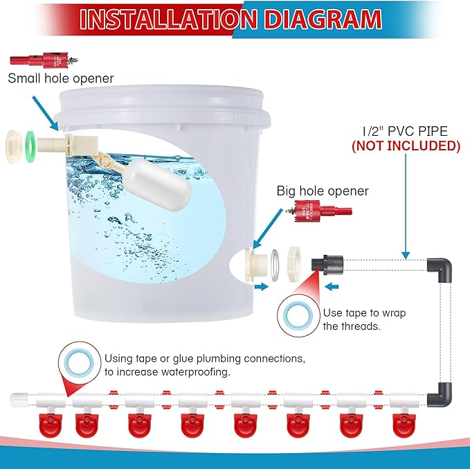Dreyoo 8 Pack Automatic Chicken Waterer, Complete Set with 1/2'' PVC Tee Fittings, Float Valve Controlled Automatic Chicken Nipple Waterer Cups