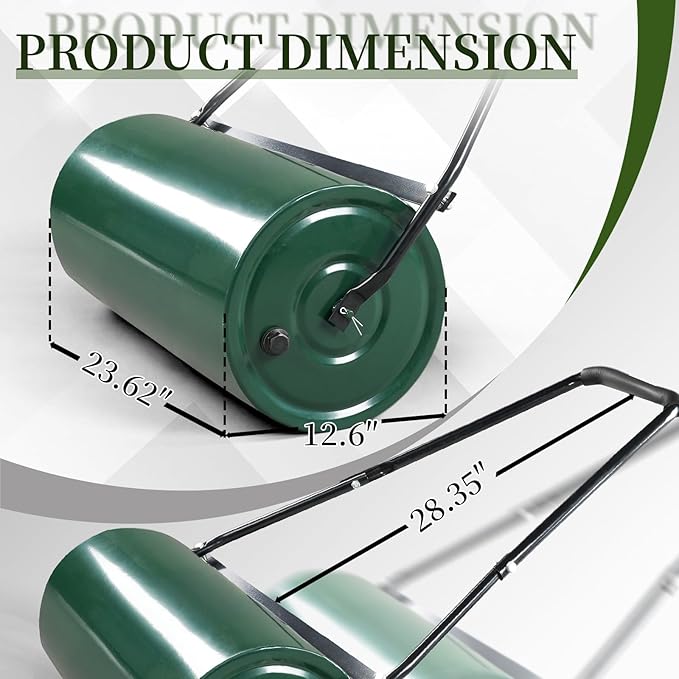 24in Heavy Duty Steel Lawn Roller,Manual Hand Lawns Roller,Water or Sand Filled Garden Rollers,Push/Tow-Behind Yard Rollers,with U-Shaped Handle,for Garden Yard Park Backyard Farm (Green & Black)