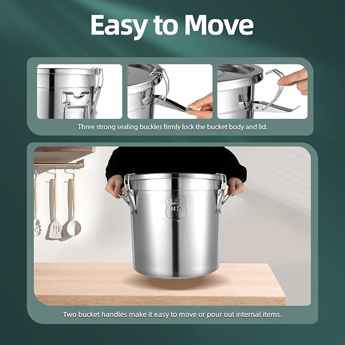 304 Stainless Steel Airtight Canister Containers 5.5Gal Large Canisters Container with Airtight Lids & Locking Clamp, Metal Bucket Pail Food Storage Containers for Flour,Grain, Coffee Bean, 21L