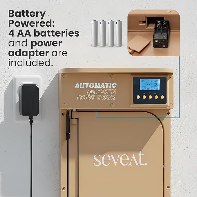 Automatic Chicken Coop Door with Remote Control – 6W Battery Powered, Includes 4×AA Batteries, Auto & Manual Modes, Timing Sensor, 180° Opening/Closing Angle (Light Brown)