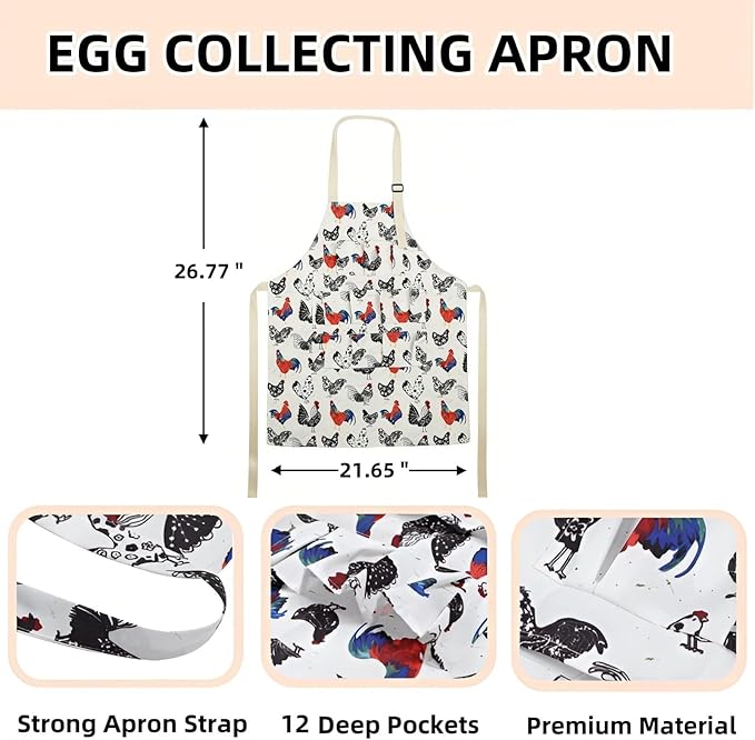 2 Pcs Egg Collecting Apron Chicken Egg Gathering Basket with 7 Pouches, Fresh Egg Holding Apron with 11 Pockets for Farmhouse Kitchen Parent Child Activities, Gift for Grandma/Housewife/Women