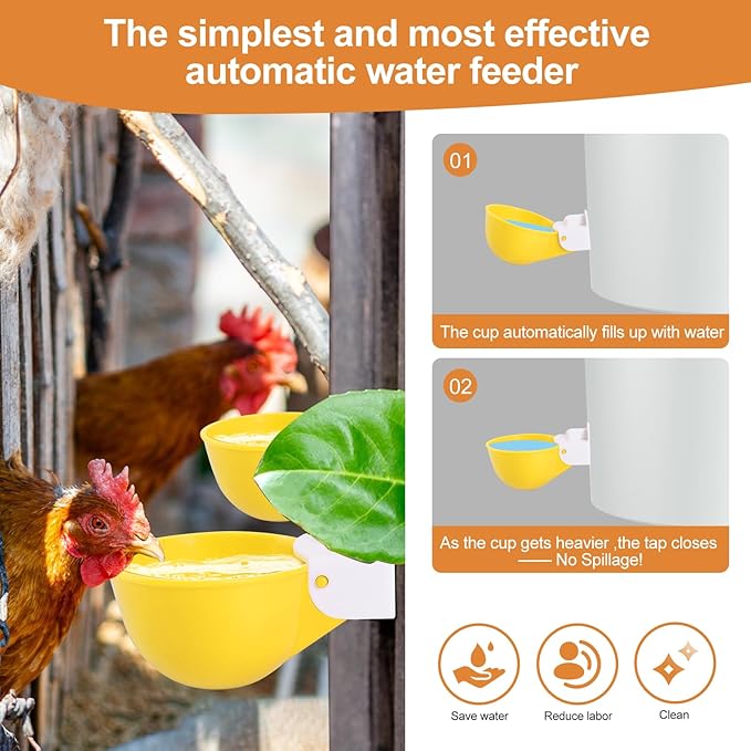Chicken Waterer Cups (16 Pack/Yellow) - DIY Automatic Large Chicken Water Feeder for Ducks Quail and Various Poultry Dispenser with Matching Drill, Double Rubber Ring, Not Leaking Wate