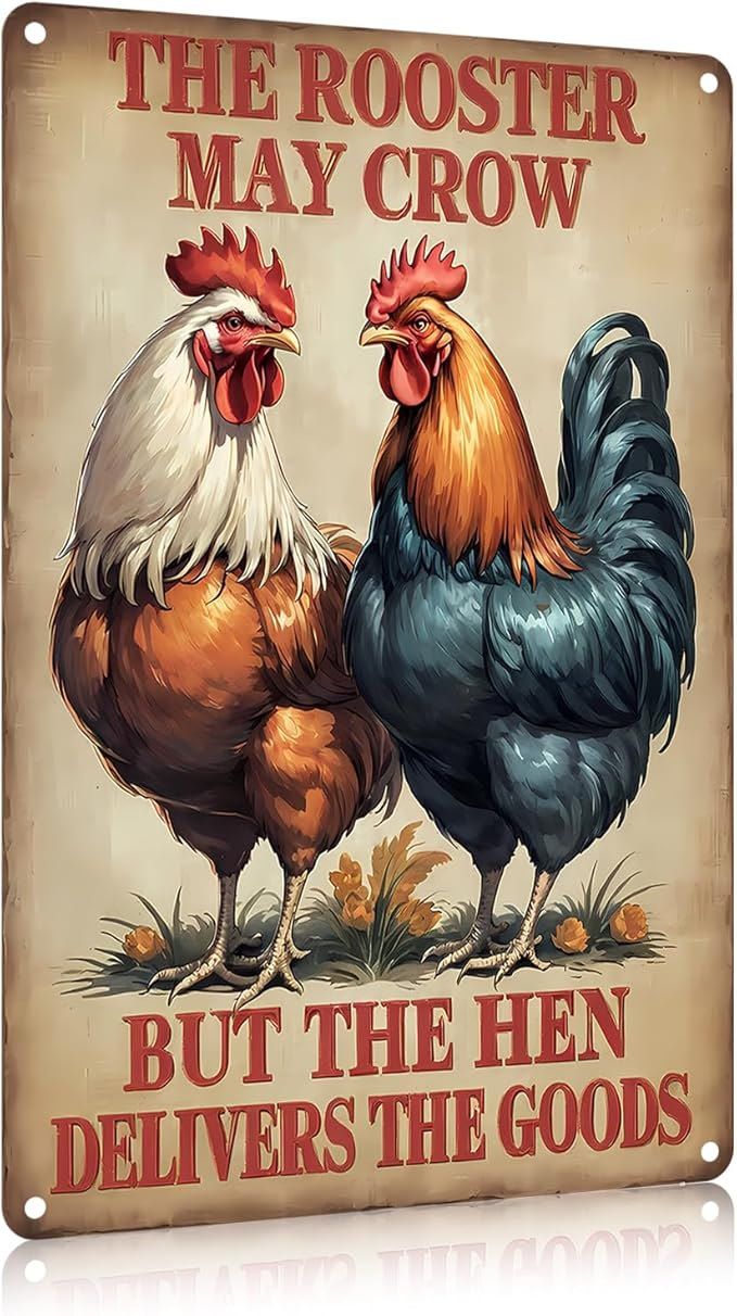 FunnySign Chicken Gifts Rooster Décor The Rooster May Crow But The Hen Delivers The Goods Rustic Tin Sign For Home Farm Chicken Coop Decor 8x12 Inch (9715)