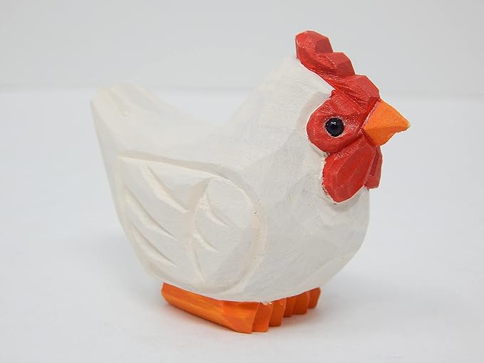Hand-Carved White Hen Figurine - Miniature Wood Chicken Bird Art Statue Mini CarvedFigurine, Small Farm Animals, Handmade Carved Ornament for Rustic Home Decor & Collectibles