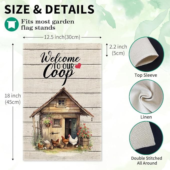 Welcom To Our Coop Garden Flag, 12x18 in Double Sided Farmhouse Chicken Coop Outdoor Decor Yard Flag Gifts, Welcome to the Farm Flags for Chickens Lover, Rustic Chicken Farm Commercial Use
