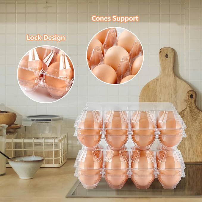 60PCS Egg Cartons Cheap Bulk with Sticker Labels, 3x4 Plastic Egg Carton for Fresh Medium Eggs, Reusable Chicken Egg Container Bulk Egg Holders for Refrigerator, Storage, Family, Chicken Farm, Market