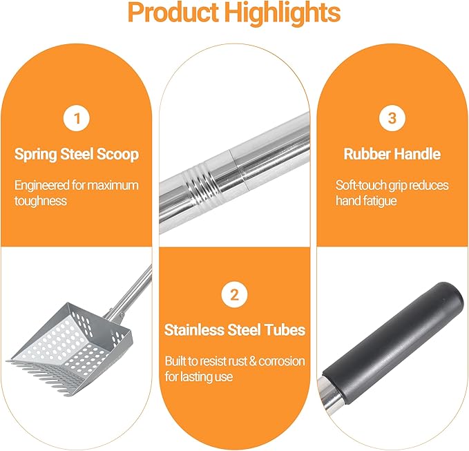 Chicken Poop Scooper Tempered Spring Steel Sifting Shovel for Chicken Coop with 32-60" Adjustable Stainless Steel Tube Cleaning Tool for Coop with Rubber Handle