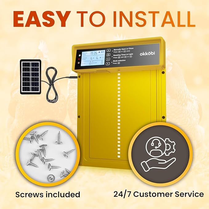Okkobi Automatic Chicken Coop Door Solar Powered - LCD Display - Chicken Coop Door with Remote Control, Light Sensor & Timer - Security & Peace of Mind: Anti-Pinch Function - 5-Year Protection
