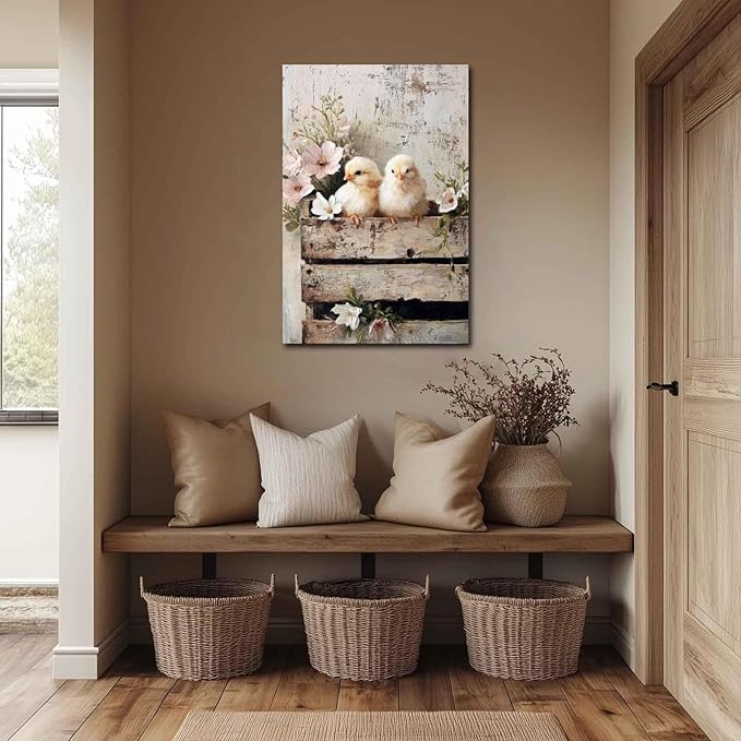 MNFGMH Farmhouse Easter Canvas Spring Chicks with Flowers Rustic Country Wall Art Spring Easter Wall Decoration Wooden Frame 24x36 inch