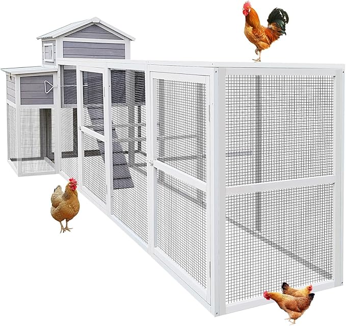 Large Wooden Chicken Coop Outdoor Hen House with Nesting Box，Walk-in Poultry Cage with Secure Locks, Metal Mesh Run for Backyard Farm Use (Gray 150")