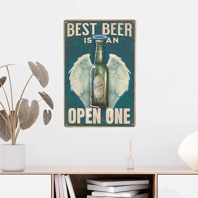 JOCASA Best Beer Is An Open-One Vintage Metal Poster Sign Decor-Retro Beer Theme Aluminum Metal Tin Sign for Garage Decor Bar Room Home Kitchen, Signs Gift,12''x 8''