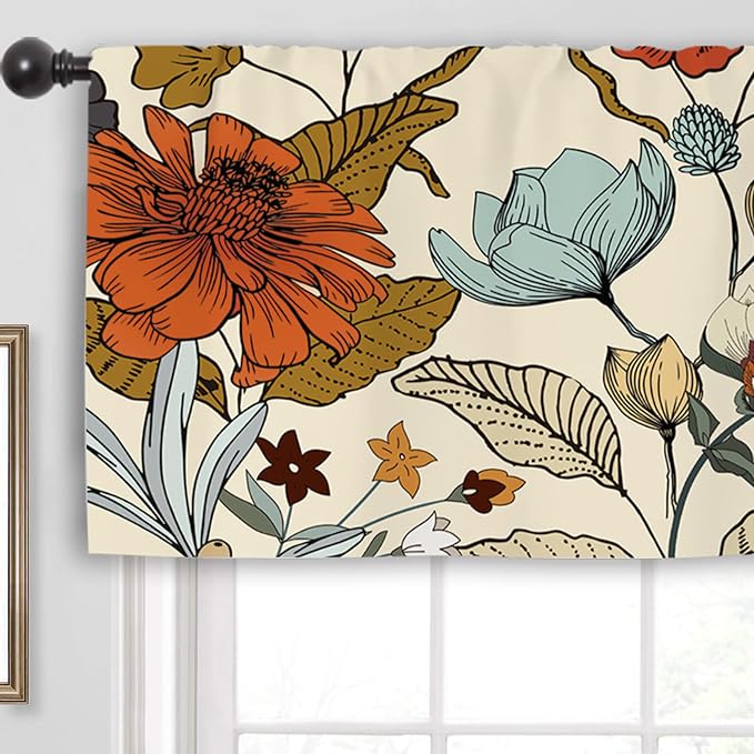 Miyotaa Vintage Flower Kitchen Curtain Valance 54W x 18H Rod Pocket Retro Burnt Orange Blossom Botanical Autumn Fall Window Treatment for Living Room Bedroom Bathroom
