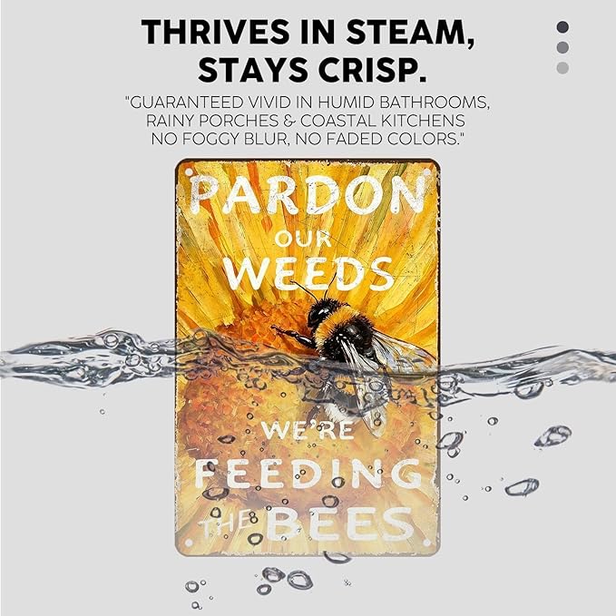 Vintage Bee Tin Sign Pardon Our Weeds We're Feeding The Bees Retro Farm Life Metal Sign Nostalgic Rustic Decorations for Home Farmhouse Yard Garden Plaque Cafe Kitchen 12 * 8In