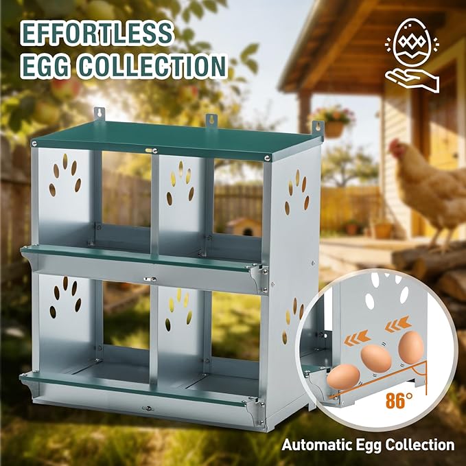 4 Compartment Metal Chicken Nesting Box, Roll Out Hen Laying Box for Easy Egg Collection, Wall Mount Poultry Nest Box for Backyard Chickens, Green, 22.05" L x 16.92" W x 25.59" H