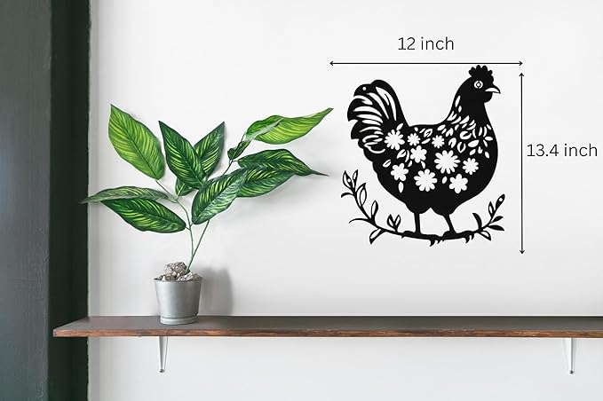 SHIMANY Black Metal Wall Art - Chicken Hanging Wall Sculpture for Kitchen, Farmhouse, Entryway, or Bathroom - Rustic Folk Cutout