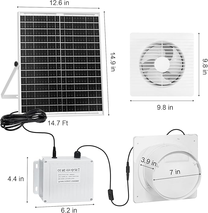 Solar Powered Fan with 24000mAh Battery Run Day/Night, 25W 9.8" Solar Fan for Chicken Coop Waterproof Solar Greenhouse Fan for Shed, Chicken Coop, Greenhouse